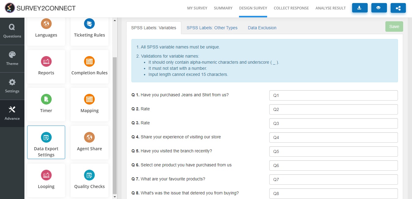 The Data Export settings page allows you to make define the data that would be exported from the survey. 
