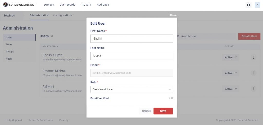 Survey2Connect allows you to edit the user details after you have created them