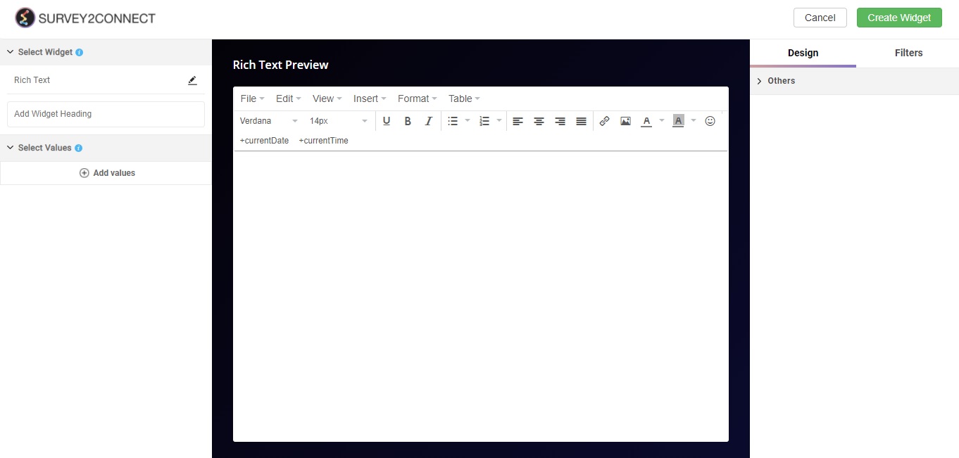 Rich Text widget is used to create a document file in your dashboard. Using this option, you can create a widget that would show the texts